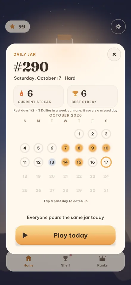 The Daily Jar calendar with streak and rest days