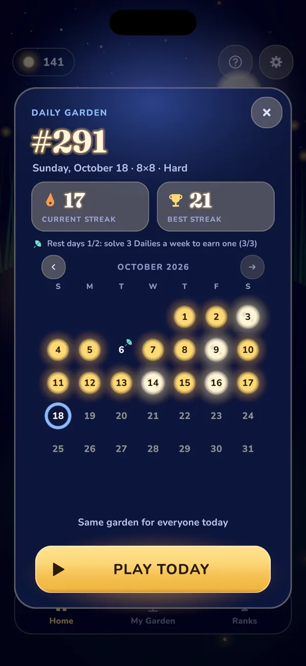 Daily Garden calendar with full moons and a rest day