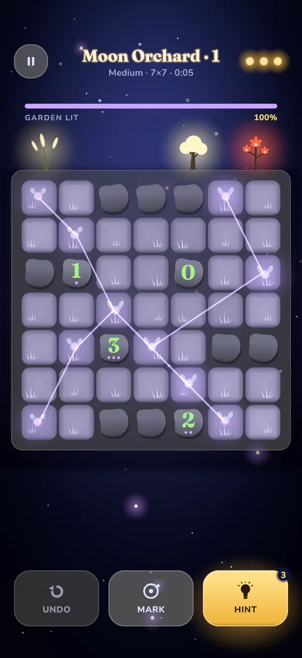 A solved puzzle where the fireflies join into a constellation