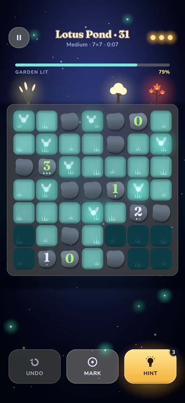 A Lotus Pond puzzle half lit by fireflies, with three garden blooms above the board