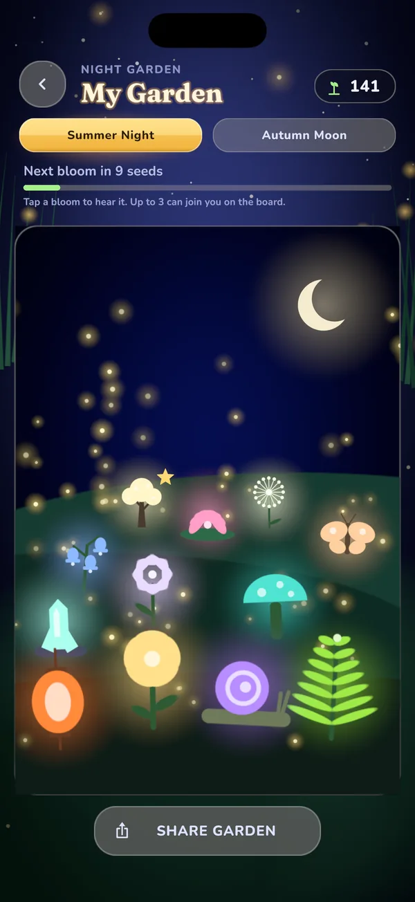 My Garden with twelve glowing blooms under the moon
