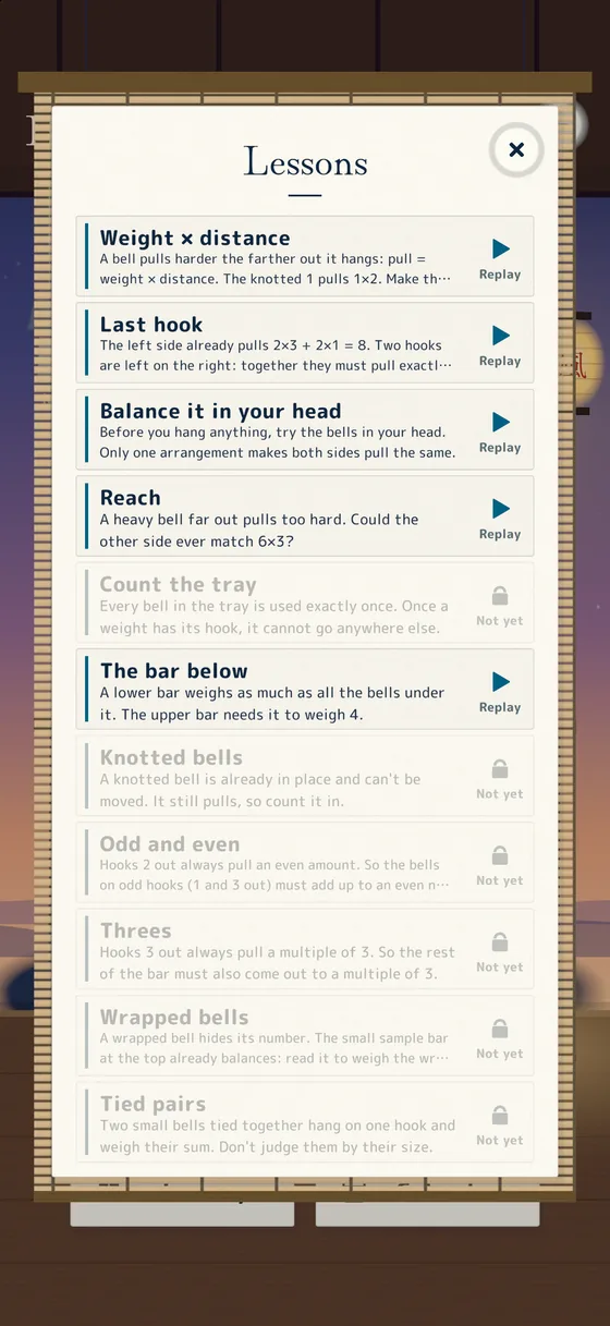 The lessons notebook, listing each rule with a replay button