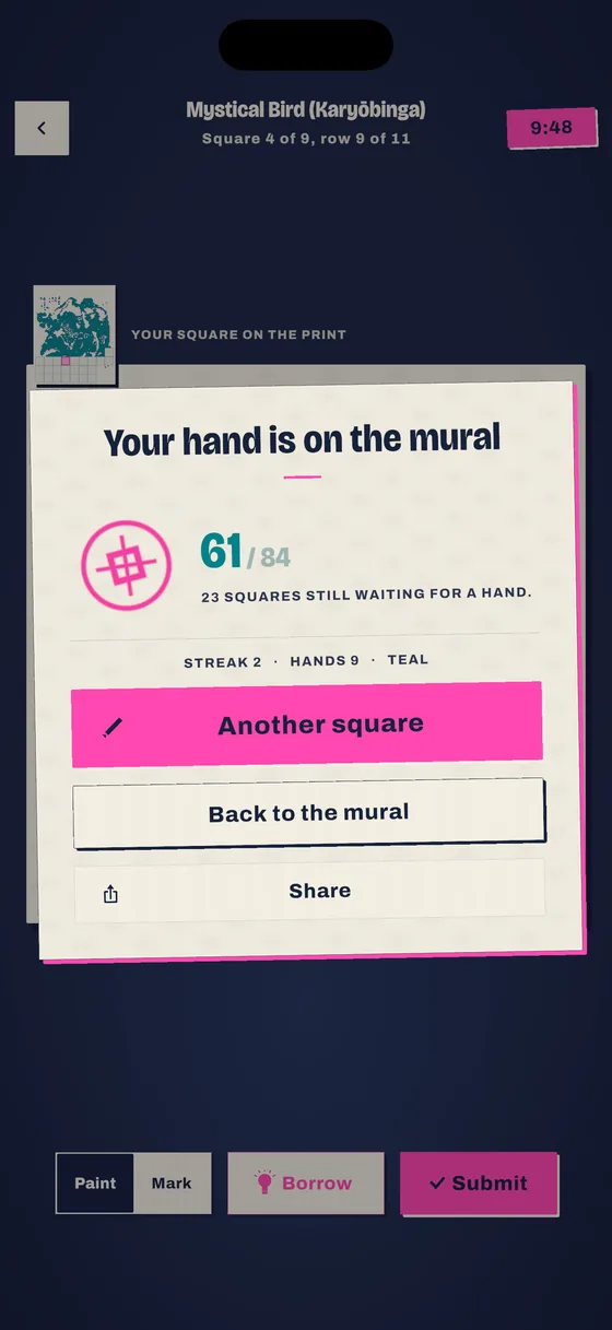Result card: Your hand is on the mural, with a pink seal and the squares left