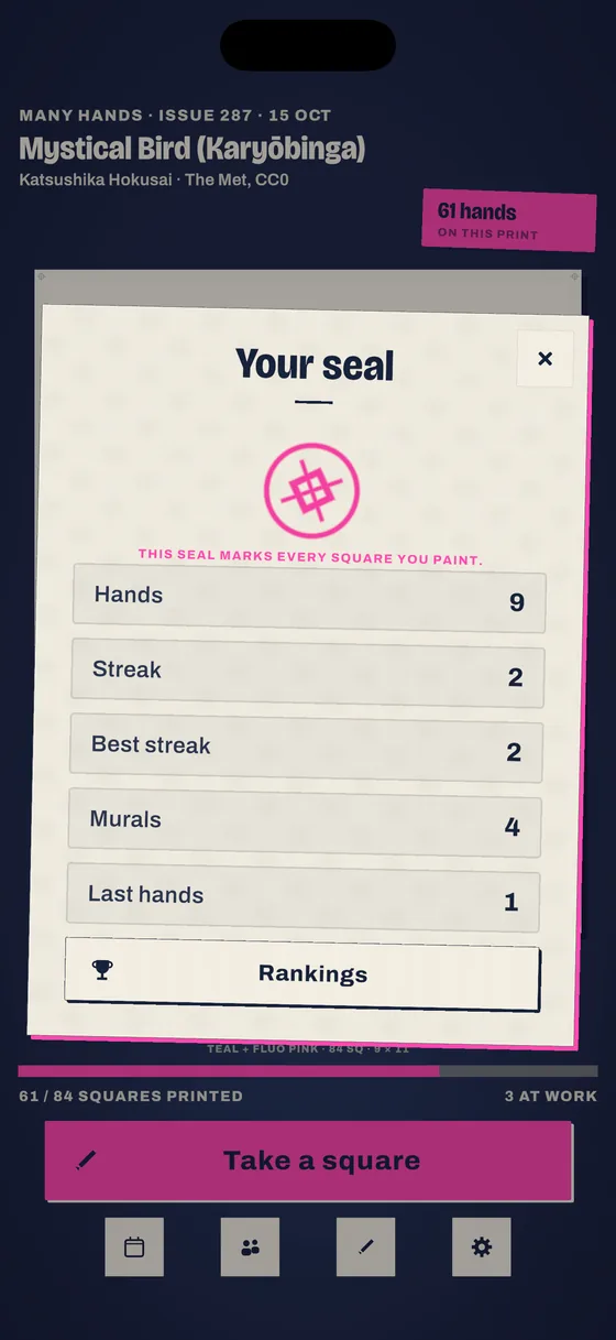 Your seal: a pink stamp with your hands, streak and murals