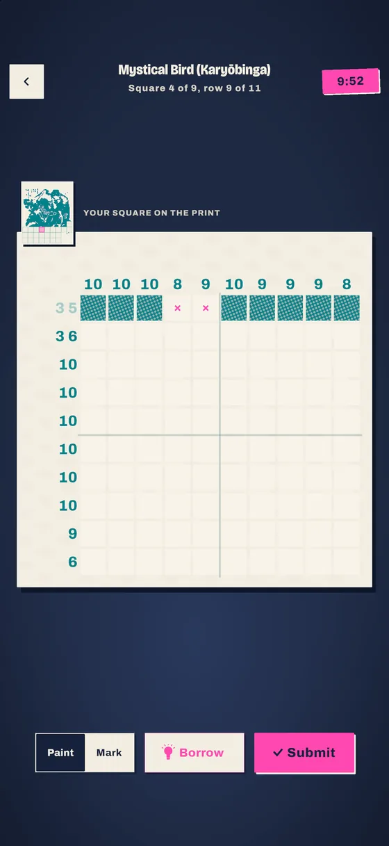 A 10×10 nonogram square with numbers above each column and beside each row
